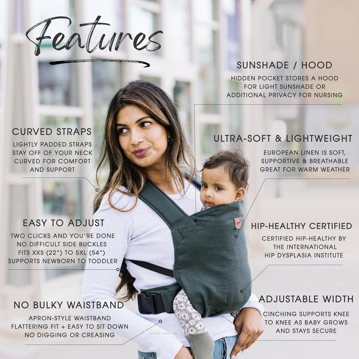 Happy! Original Baby Carrier – Lightweight Ergonomic Soft Structured Carrier for Newborns to Toddlers (7–45 lbs), Adjustable Fit, Breathable Linen, Front & Back Carry